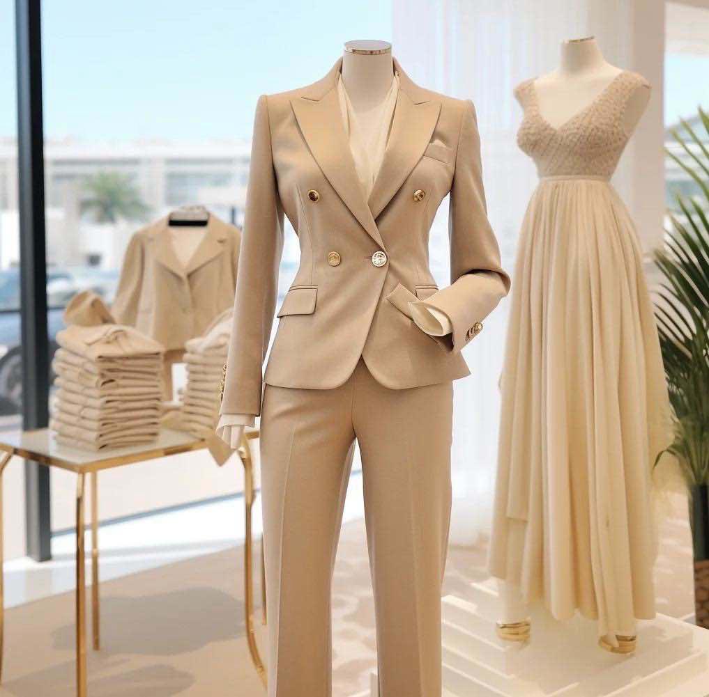 ベージュのダブルブレストパンツスーツとシフォンロングドレスの店頭ディスプレイ